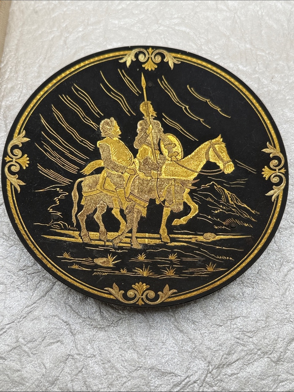 Vintage Don Quixote horse warrior damascene decorative plate 4.5 x 4.5 inches